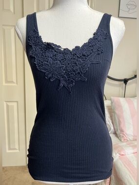 Hollister Navy Ribbed Tank with Lace Detail